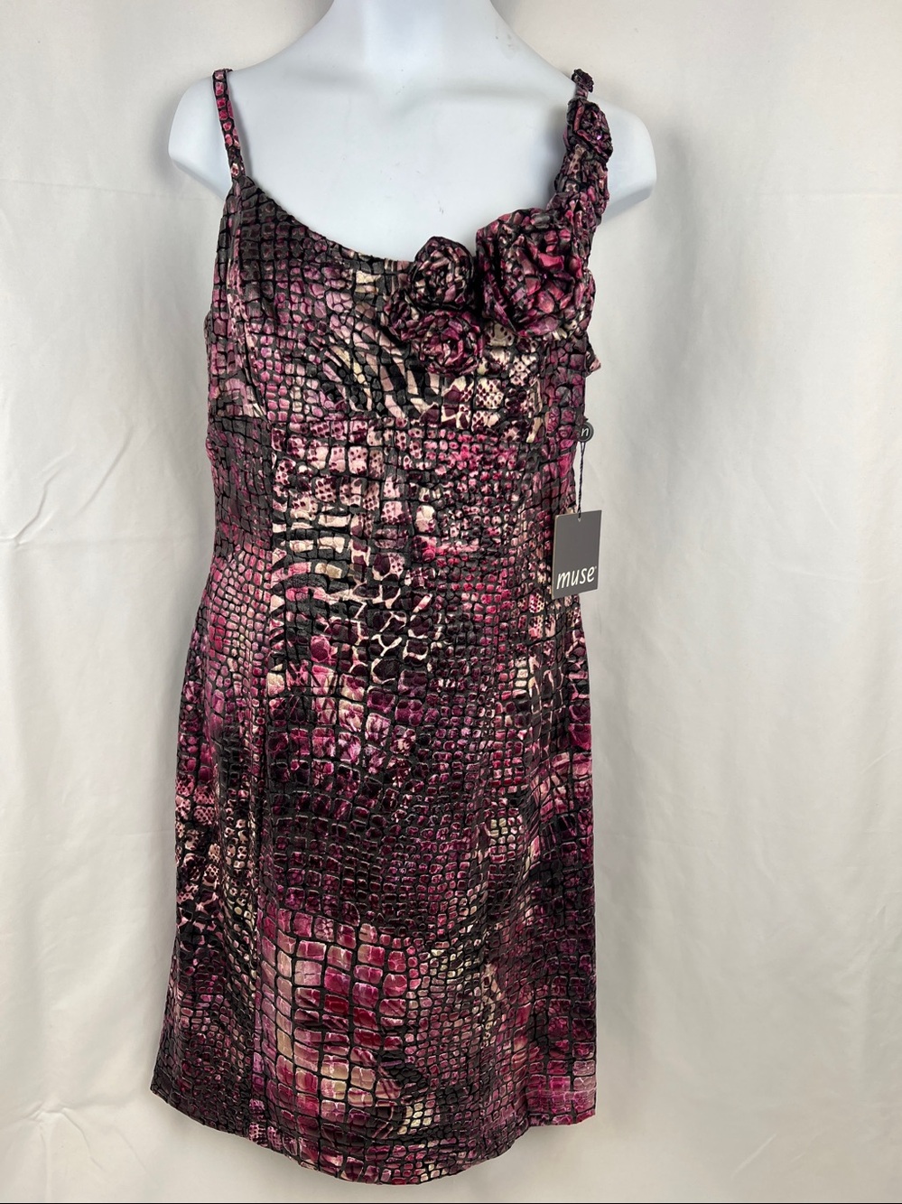 NWT Muse snakeskin print sheath dress ruffle rosette accent on the shoulder Sz 6